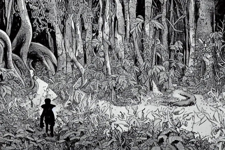 Prompt: young boy entering a huge mysterious and ominious forest with a cthulhu monster in a distant clearing, large path, mushrooms, very graphic illustration by jean giraud and mike mignola, drawing, yoshitaka amano vibe, clean line, colorful comics style, dynamic light