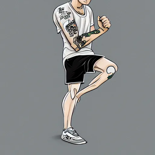 Prompt: action figure of thin white male wearing a black baseball cap and black graphic t - shirt, american traditional tattoos on legs and left arm, 4 k,