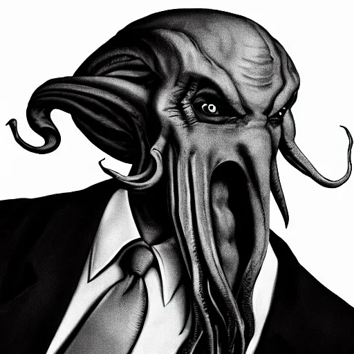 Image similar to black and white photograph of cthulhu wearing a business suit, highly detailed, high quality, high resolution