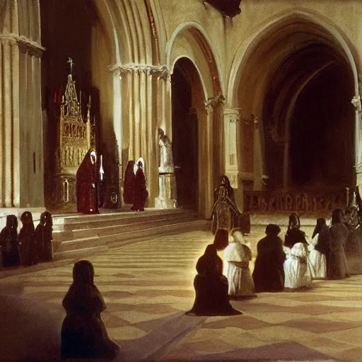 Prompt: painting of medieval kings kneeling before the pope, in a church. arstation, john singer sargent, craig mullins