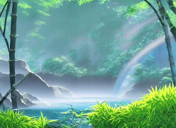 Prompt: misty japanese bamboo forest, lake, waterfall!!!!!, large rocky mountain, rule of thirds, sunny, cartoony, stylized anime, sun rays, soft, by hayao miyazaki, ghibli studio, makoto shinkai, toei animation, studio trigger, trending on artstation, 4 k, hd