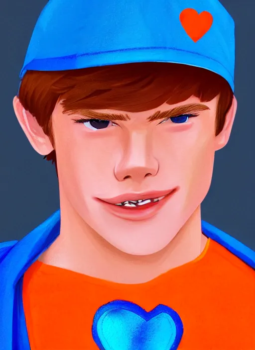 Image similar to friendly teenage archie andrews wearing an orange superhero costume with heart logo, heart, orange costume, blue cape, freckles, cape, heart emblem on chest, heart, blue cape, intricate, elegant, glowing lights, highly detailed, digital painting, artstation, sharp focus, illustration, art by wlop, mars ravelo and greg rutkowski