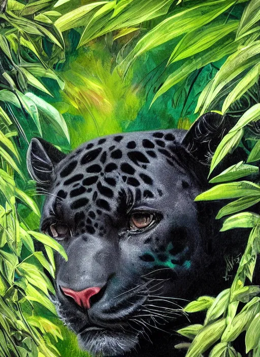 Image similar to a beautiful painting portrait of a black jaguar surrounded by the leaves of the jungle, highly detailed close up, fantasy art, matte painting