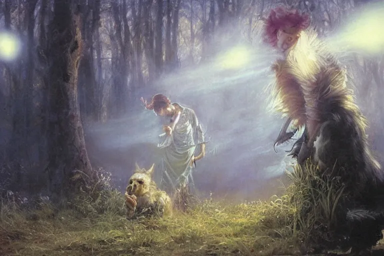 Image similar to stinky dog, ethereal back light, mist, coherent composition, detailed fantasy painting by noriyoshi ohrai