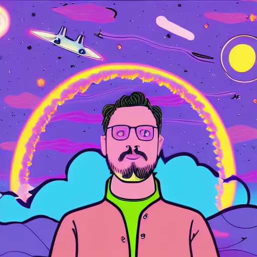 Prompt: Psychedelic Illustration of A black-haired 29 years old boy with beard and tan skin with purple clouds and spaceships on the horizon in Toronto