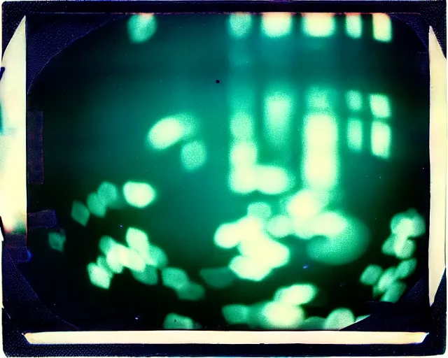 Prompt: birds eye view, haunted VHS glitch polaroid of a space port at night, aquatic plants, shabby chic, cinematography by Jim Jarmusch, composition by Hale Woodruff,in the style of Nan Goldin, set design by Antonin Gaudí, 35mm, graflex, color film photography, strange perspective, depths, Ethereal lighting.