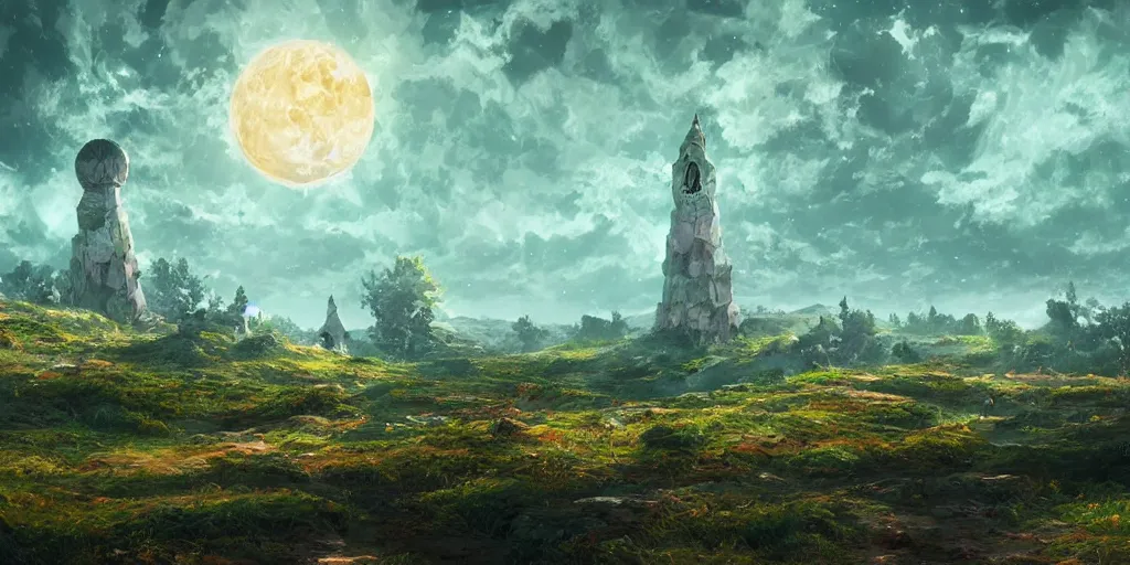 Image similar to The great intricate marble wizards tower, painted landscape, green fields in the background, moody lighting, moon in the night sky, sharp image, 4k, artstation, colorful digital art