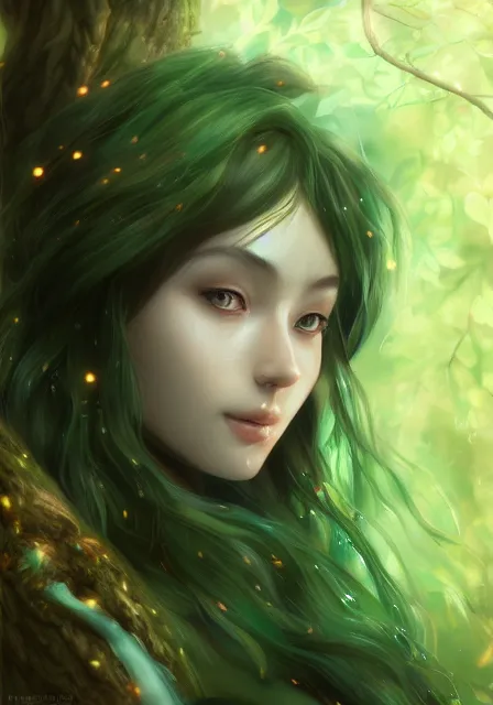 Image similar to A realistic anime portrait of a beautiful dryad with glowing green eyes and tree bark skin wearing clothes made of leaves, from Skyrim, digital painting, by Stanley Artgerm Lau, Sakimichan, WLOP and Rossdraws, digtial painting, trending on ArtStation, SFW version