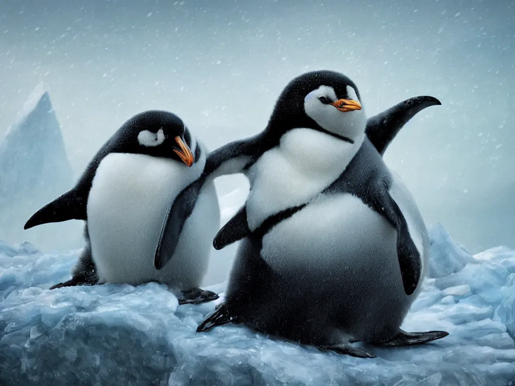 Image similar to an fluffy penguin playing on an iceberg land, blizzardy weather, ocean, ice, digital painting, artstation, concept art, soft light, hdri, smooth, sharp focus, illustration, fantasy, intricate, elegant, highly detailed, D&D, matte painting, in the style of Greg Rutkowski and Alphonse Mucha and artemisia, 8k, highly detailed, jurgens, rutkowski, bouguereau, pastoral, rustic, georgic, detailed concept art, illustration, colorful pastel, painting, detail, ultra detailed, digital art, 4K,