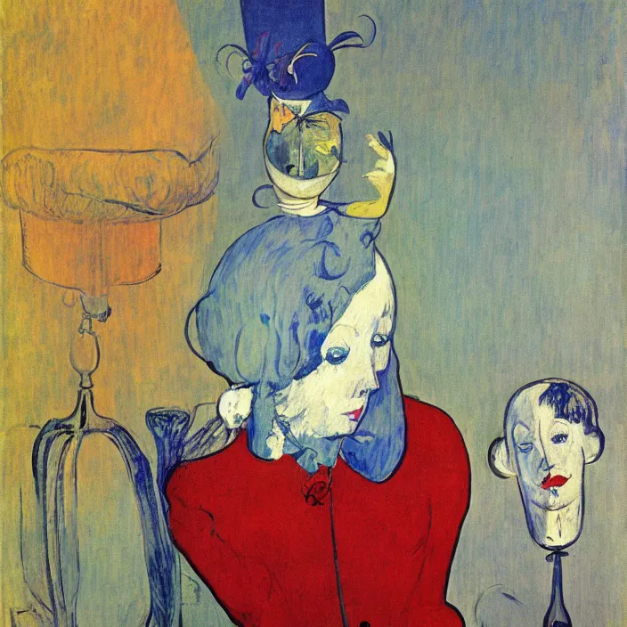 Prompt: dream infusion in a woman with white dress and colorful primitive mask and blue dog. lamp light. henri de toulouse - lautrec, rene magritte, max ernst, walton ford