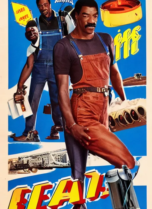 Image similar to an 8 0's john alvin action movie poster starring eddie murphy face as a plumber to rich people. bathroom. overalls. tool belt. the movie is called beverly hills crap