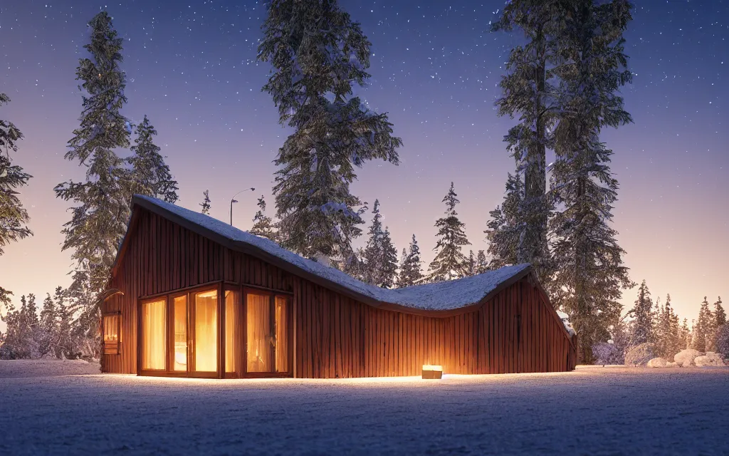 Image similar to finnish sauna exterior architectural visualization, sauna, large windows, winter scene, cozy, corona render, rendered in vray, evening light, sunset, lakeside, depth of field, mountainous landscape, pine forest, evermotion, ronen bekerman, contest winner, archviz, peter guthrie, ultradetailed, photorealistic, photoreal, mir, bertrand benoit