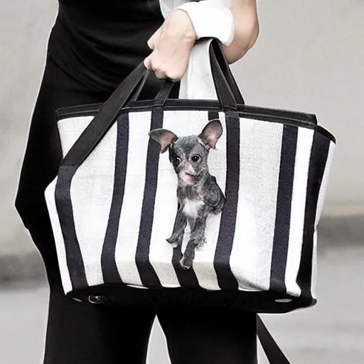 Image similar to A small dog in a fancy tote bag, fashion, vogue, magazine cover, celebrity, paparazzi, street