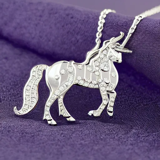 Image similar to a lovely cute silver cartoon unicorn necklace pendant, pandora style, tiffany style, swarovski style, van cleef & arpels style, cartier style, boucheron style, bulgari style, chaumet style, elegant, noble, stylish