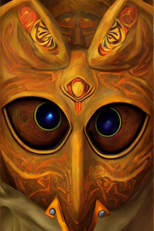 Image similar to Majora's Mask from Zelda, oil on canvas, intricate, portrait, 8k highly professionally detailed, HDR, CGsociety