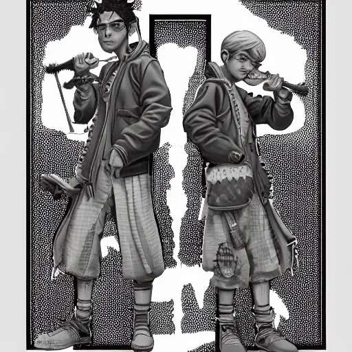 Image similar to rpg character concept art, twin brothers being cute and gangsta, intricate detail, in the style of jamie hewlett kawase hasui riyoko ikeda, 3 d render, artstation trending, 8 k, octane render, photorealistic, sharp detail, manga, black and white