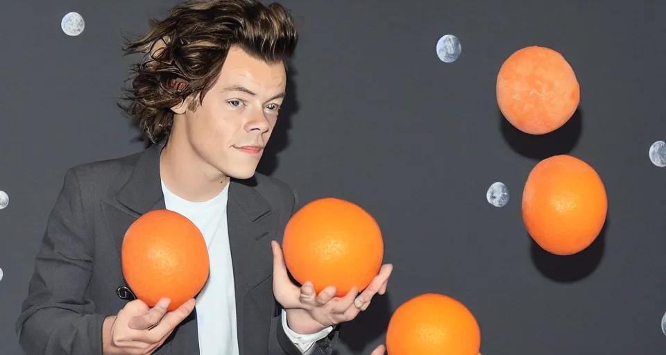 Image similar to harry styles on the moon juggling oranges with a pink skirt