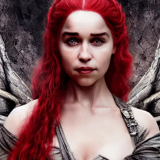 Prompt: digital matte painting of daenerys targaryen gothic clothing red hair, detailed face headshot dark dramatic mysterious style of luis royo, 8 0 mm camera, high detail, hd 8 k