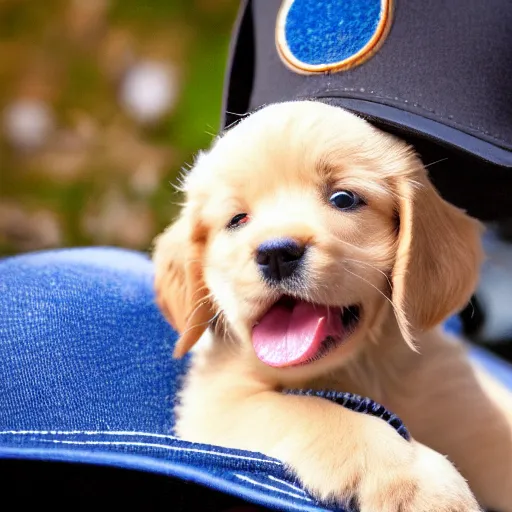 Image similar to Photograph of a puppy wearing a baseball cap