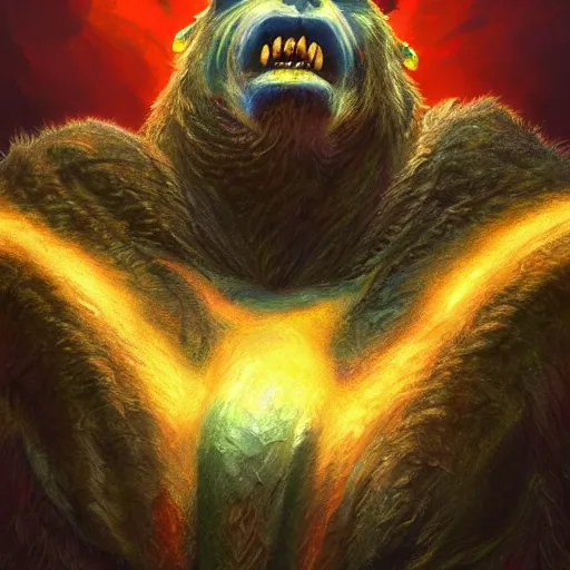 Image similar to bright, colorful, realistic, detailed from Elder Scrolls: shivering isles concept portrait monster wear-bear backlighting, kodachrome, high contrast, highly detailed, sharp focus, digital painting, concept art, illustration, trending on artstation, comic book by Alex Ross and Adam Adamowicz cover art