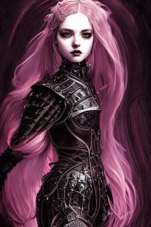 Image similar to beautiful luxury and gothic and victorian and evil young female medieval black armor knight portrait like lisa blackpink+smoky eyes+front face with light flowing hair, ultradetail face, art and illustration by tian zi and craig mullins and WLOP and alphonse mucha, ssci-fi, fantasy, intricate complexity, human structure, hypermaximalist, fantasy character concept, dynamic lighting, neon light, watermark, blurry, hyperrealism 8k