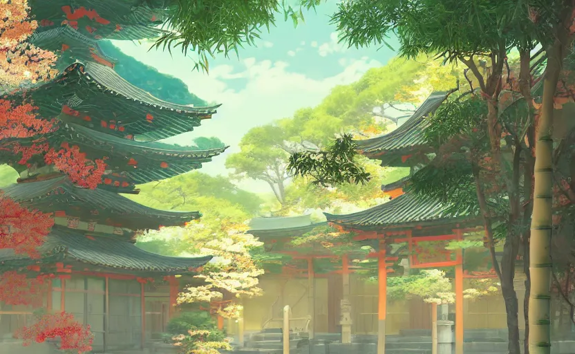 Prompt: A colorful digital painting of a courtyard of a fantasy Japanese temple, kitsune, bamboo, cherry blossoms, by Makoto Shinkai and Kan Liu, trending on artstation