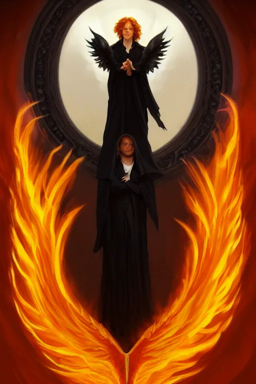 Image similar to symmetrical fullbody portrait of a beautiful young fit male angel with curly blond hairs, fulldressed in long fluent black clothes, majestic big red demonic wings, luminous fire halo, by greg rutkowski and alphonse mucha, gradient white to gold, in front of a smoky background, highly detailed portrait, digital painting, artstation, concept art, smooth, sharp focus illustration