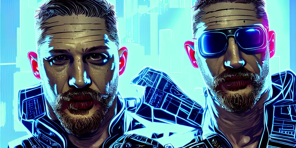 Prompt: Tom Hardy as in Cyber Punk 2077, highly detailed digital art , trending on artstation, high quality, highly detailed