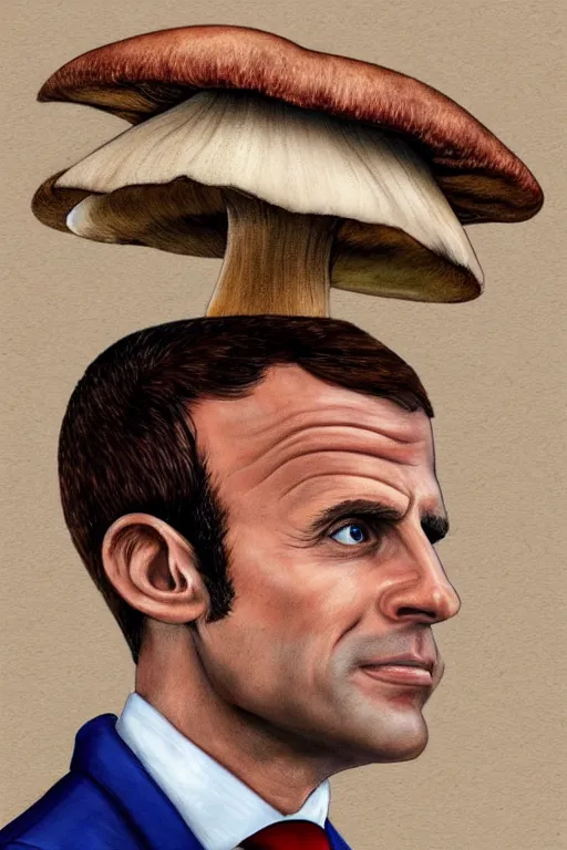 Image similar to Emmanuel Macron love so much mushroom from Mario in the wood, realistic detailed picture