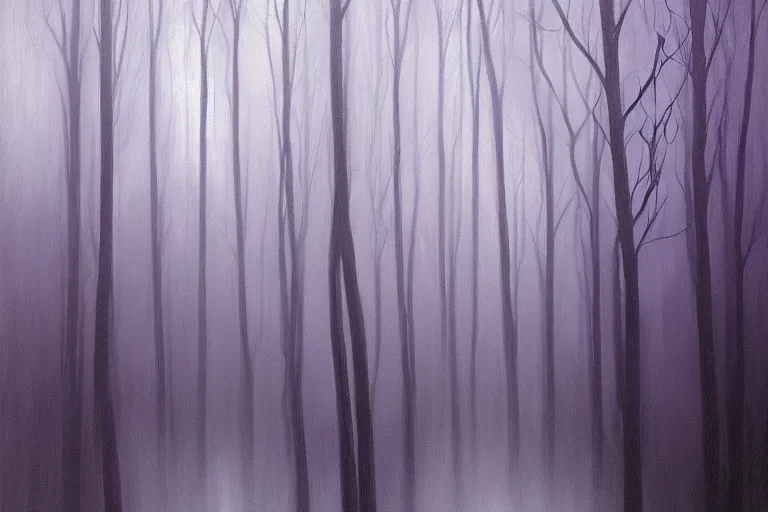 Prompt: dark and spooky painting of a forest dimly lit at night with tiny purple morning glory flowers trailing at the base of trees. foggy cinematic volumetric darkness, muted colour palette, detailed oil painting on canvas by robert hughes