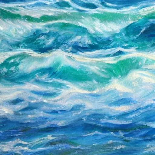 Image similar to a painting of an ocean full of waves half above water, half below water