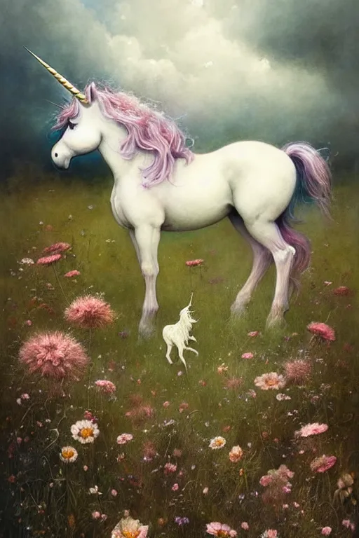 Image similar to a unicorn on the flowery meadow | esoteric symbolism | jean - baptiste monge, esao andrews, bastien lecouffe - deharme, tim jacobus, ken currie | ultra - detailed realism, soft cinematic lighting, hi - fructose, artstation, high - quality, ink watercolors wes anderson poster art