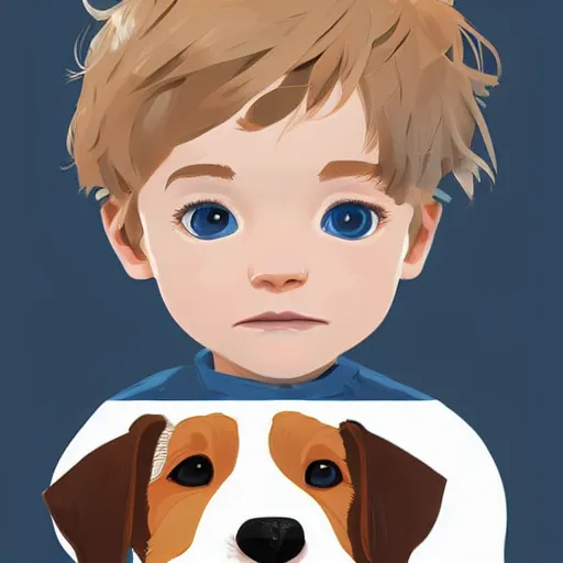 Prompt: cute little boy with short blonde hair with a wire haired jack russell terrier puppy, white with brown patches over both eyes. detailed face. blue background. clean cel shaded vector art by lois van baarle, artgerm, helen huang, by makoto shinkai and ilya kuvshinov, rossdraws, illustration, art by ilya kuvshinov