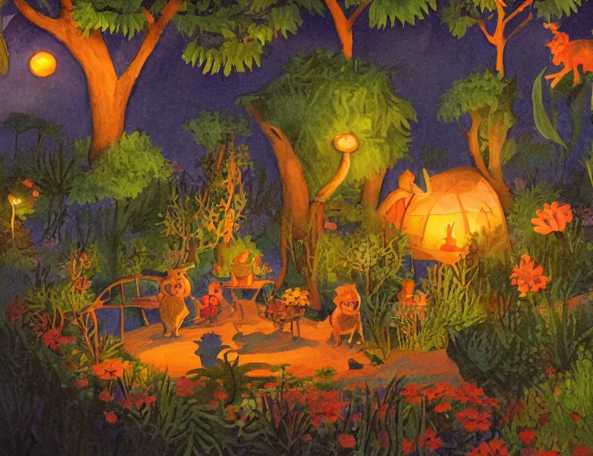 Image similar to dusk at the oasis. gouache painting by beloved children's book illustrator, chiaroscuro, bokeh, backlighting, intricate details