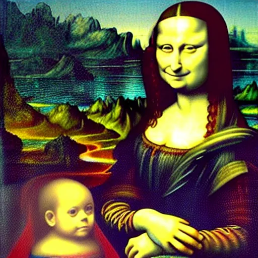 Image similar to minion, painting, davinci, mona lisa in background