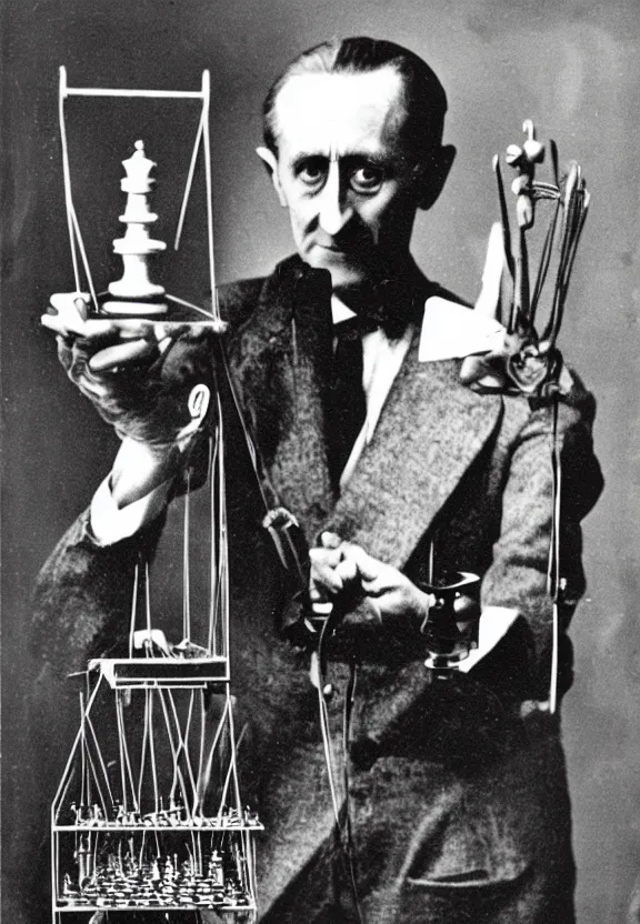 Image similar to marcel duchamp holding up a chess - piece wire - machine, a surrealist painting by marcel duchamp, complex artificial - intelligence machinery, flickr contest winner, studio portrait, 1 9 2 0 s