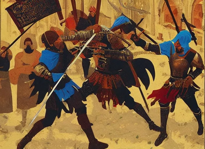 Prompt: dynamic combat scene between a Byzantine medieval warrior and a Turkish medieval warrior, by Angus McBride.