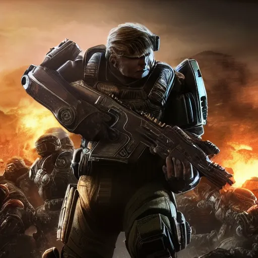 Image similar to Donald Trump as Masterchief in gears of war, splash art, movie still, detailed face, photorealistic facial features, cinematic lighting, dramatic, octane render, long lens, shallow depth of field, bokeh, anamorphic lens flare, 8k, hyper detailed, 35mm film grain