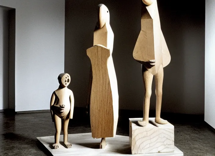 Image similar to a sculpture of a family in a shape of a bird made of wood, poorly designed in style of arte povera, fluxus, dadaism, joseph beuys, ugly standing in the wooden polished and fancy expensive wooden museum interior room 1 9 9 0, life magazine reportage photo