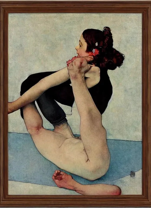 Image similar to an art nouveau girl doing yoga by norman rockwell and edward hopper