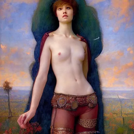 Image similar to epic masterpiece full body portrait a beautiful Lady Godiva, a beautiful face and flawless skin, by Edgar Maxence and Ross Tran and Michael Whelan