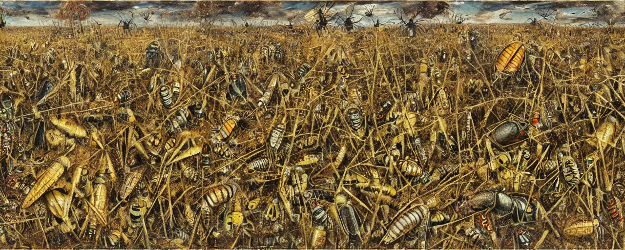 Image similar to strange giant insects, beetles, spiders, wasps, bees, maggots, locusts and flies, swarming in a cornfield, oil painting by max ernst and anselm kiefer, decay, mixed media, textured, sharp focus, highly detailed, photographic emulsion cracked and peeling, rust, cinematic lighting, 8 k, hd
