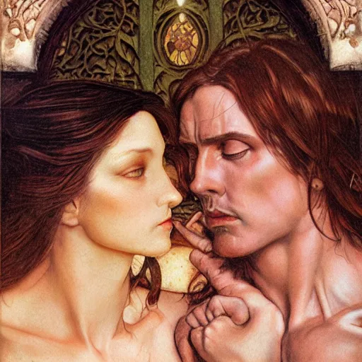 Prompt: realistic detailed face portrait and fully body pose of a the creation of adam and eve by gerald moira, ayami kojima, amano, greg hildebrandt, ann long, and mark brooks, female, feminine, art nouveau, victorian, neo - gothic, gothic, character concept design, storybook layout