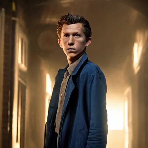 Image similar to tom holland as a rough dirty old man with a scruffy beard in a dark blue trenchcoat as the new doctor who, cinematic, volumetric lighting, f 8 aperture, cinematic eastman 5 3 8 4 film, photorealistic