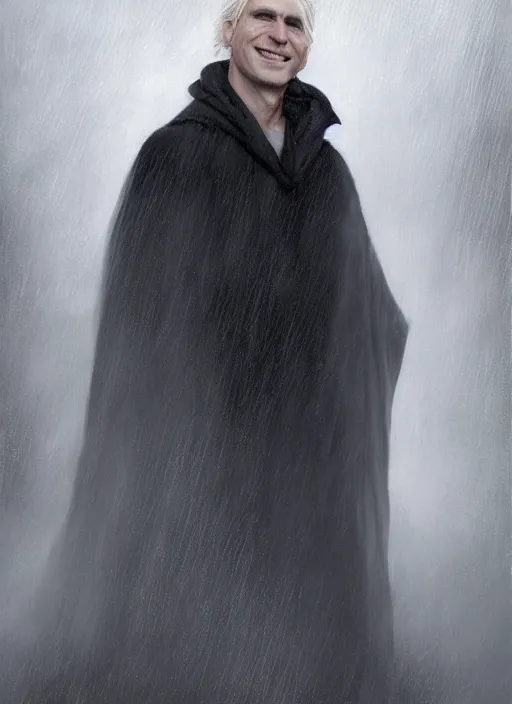 Image similar to a clean shaven man aged 4 0 with tousled blonde hair and hazel eyes and a friendly smile standing in the mist. he is handsome and wearing a cloak made of grey and black strips. head and shoulders portrait painting by greg rutkowski and raymond swanland.