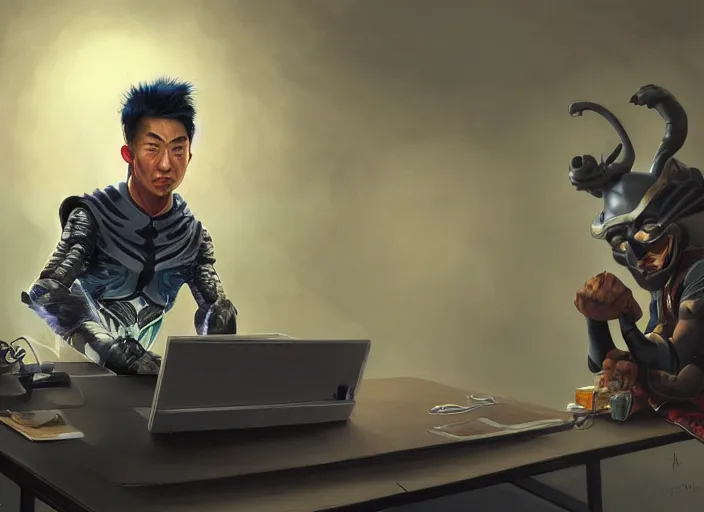 Image similar to an insanely detailed painting of an asian man wearing a homemade superhero costume, sitting at a desk, staring seriously at the computer and typing, in the style of peter mohrbacher, james jean, dramatic lighting and composition, surreal background, octane render, pixar, trending on artstation, concept art, comic book, view from behind, 8 k