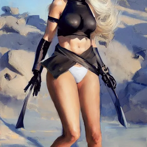 Image similar to greg manchess portrait painting of 2 b nier automata in a bikini, white long hair, organic painting, sunny day, matte painting, bold shapes, hard edges, street art, trending on artstation, by huang guangjian and gil elvgren and sachin teng