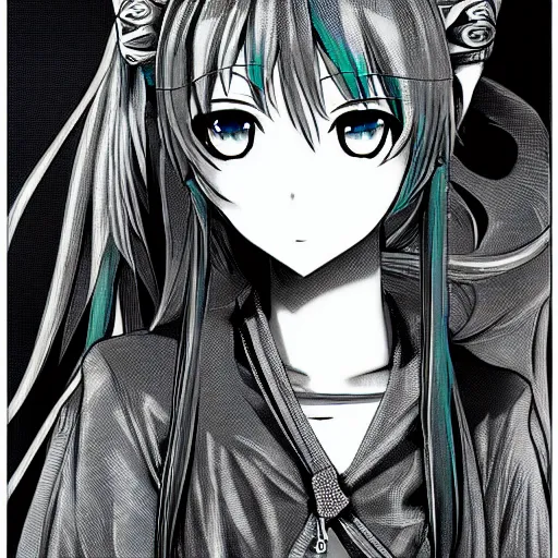 Image similar to hatsune miku by Kentaro Miura, black and white, highly detailed