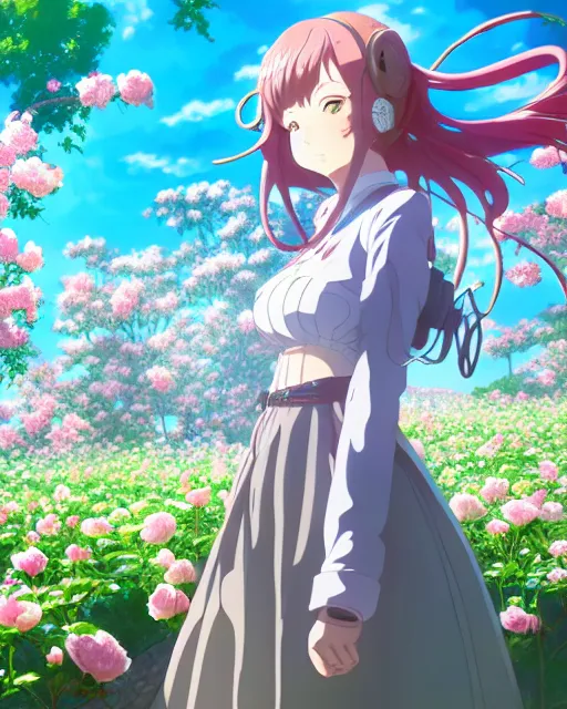 Image similar to cyborg girl in rose garden, contemplation, anime epic artwork, kyoto animation, key visual, 4 k, ultra fine detail