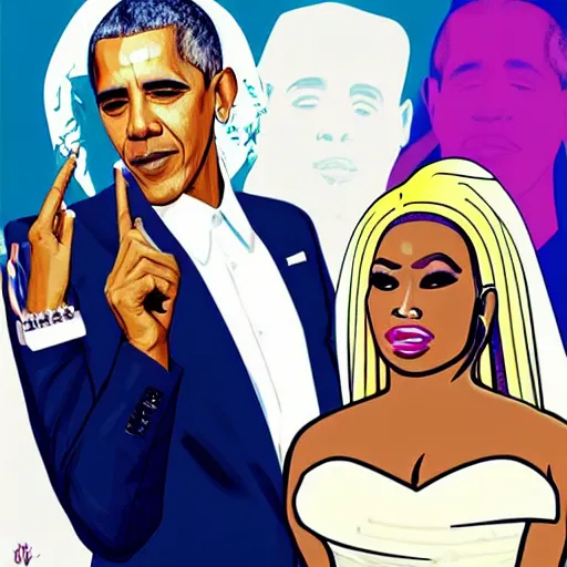 Prompt: nicki minaj marrying barack obama, highly detailed poster illustration